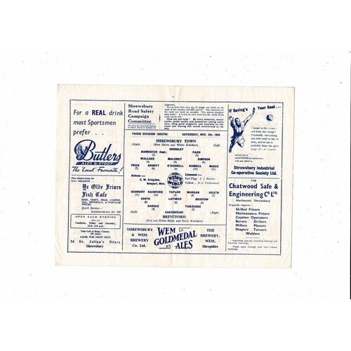 1955/56 Shrewsbury Town v Brentford Football Programme