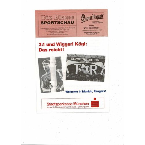 Bayern Munich v Glasgow Rangers European Cup Football Programme 1989/90 Die Blaue Edition