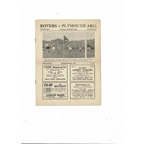1952/53 Doncaster Rovers v Plymouth Argyle Football Programme