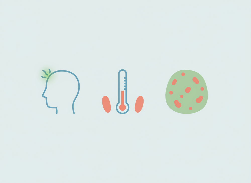 Icons showing key meningitis symptoms in adults: headache, fever and rash