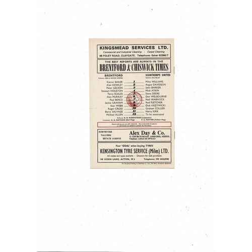 1972/73 Brentford v Scunthorpe United Football Programme