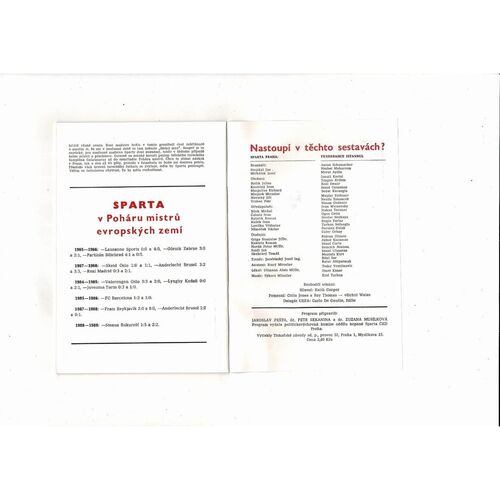 Sparta Prague v Fenerbahce European Cup Football Programme 1989/90