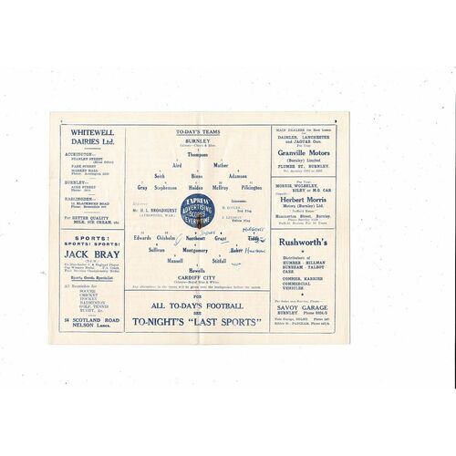 1953/54 Burnley v Cardiff City Football Programme