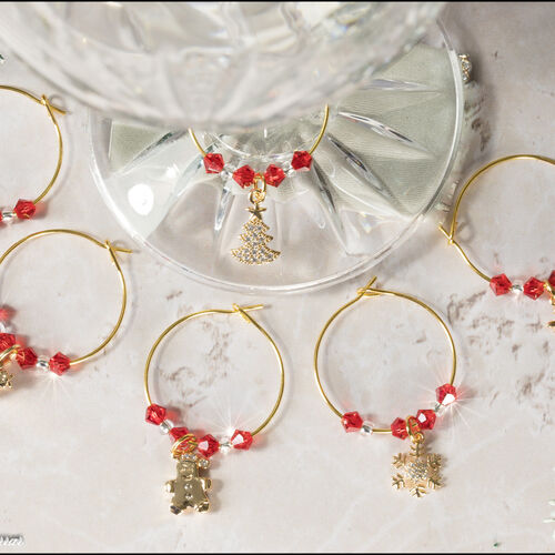 Set of 6 18ct Gold-Plated Christmas Wine Glass Charms – Cubic Zirconia & Crystal Accents