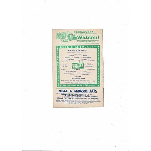 1958/59 Bolton Wanderers v Leicester City Football Programme