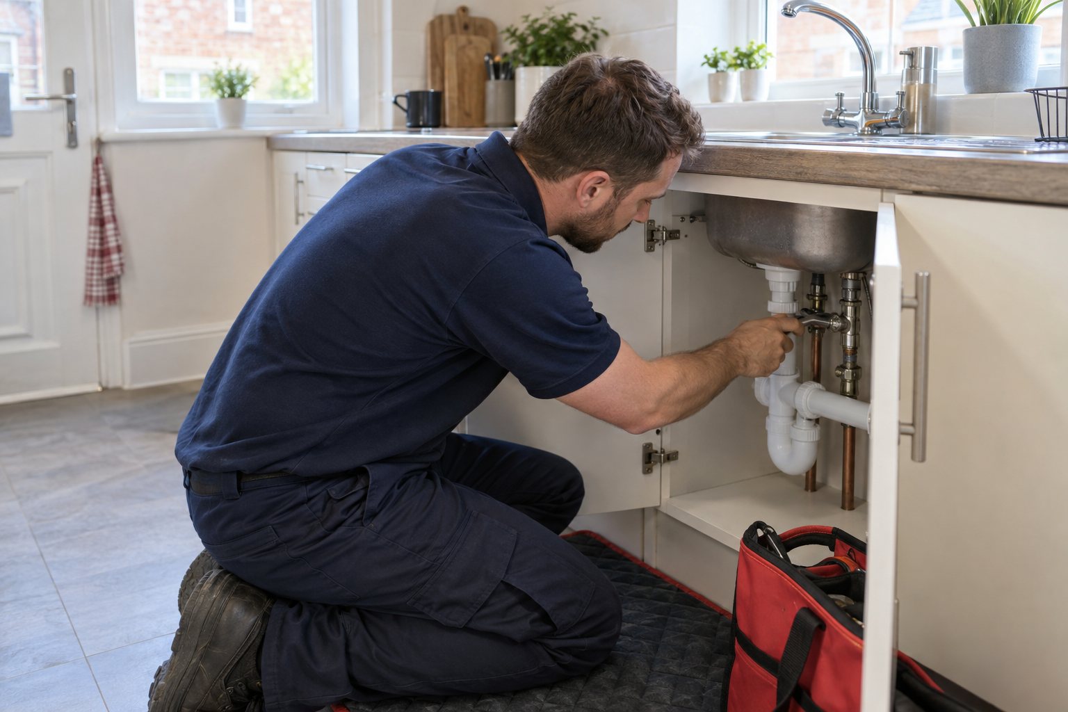 Property maintenance Liverpool: tradesperson repairing pipework beneath a kitchen sink