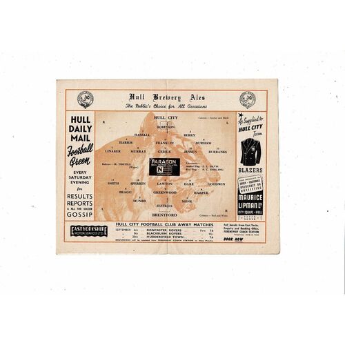 1952/53 Hull City v Brentford Football Programme