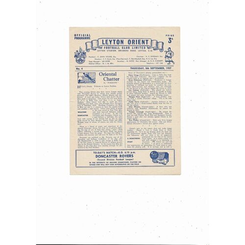 1957/58 Leyton Orient v Doncaster Rovers Football Programme