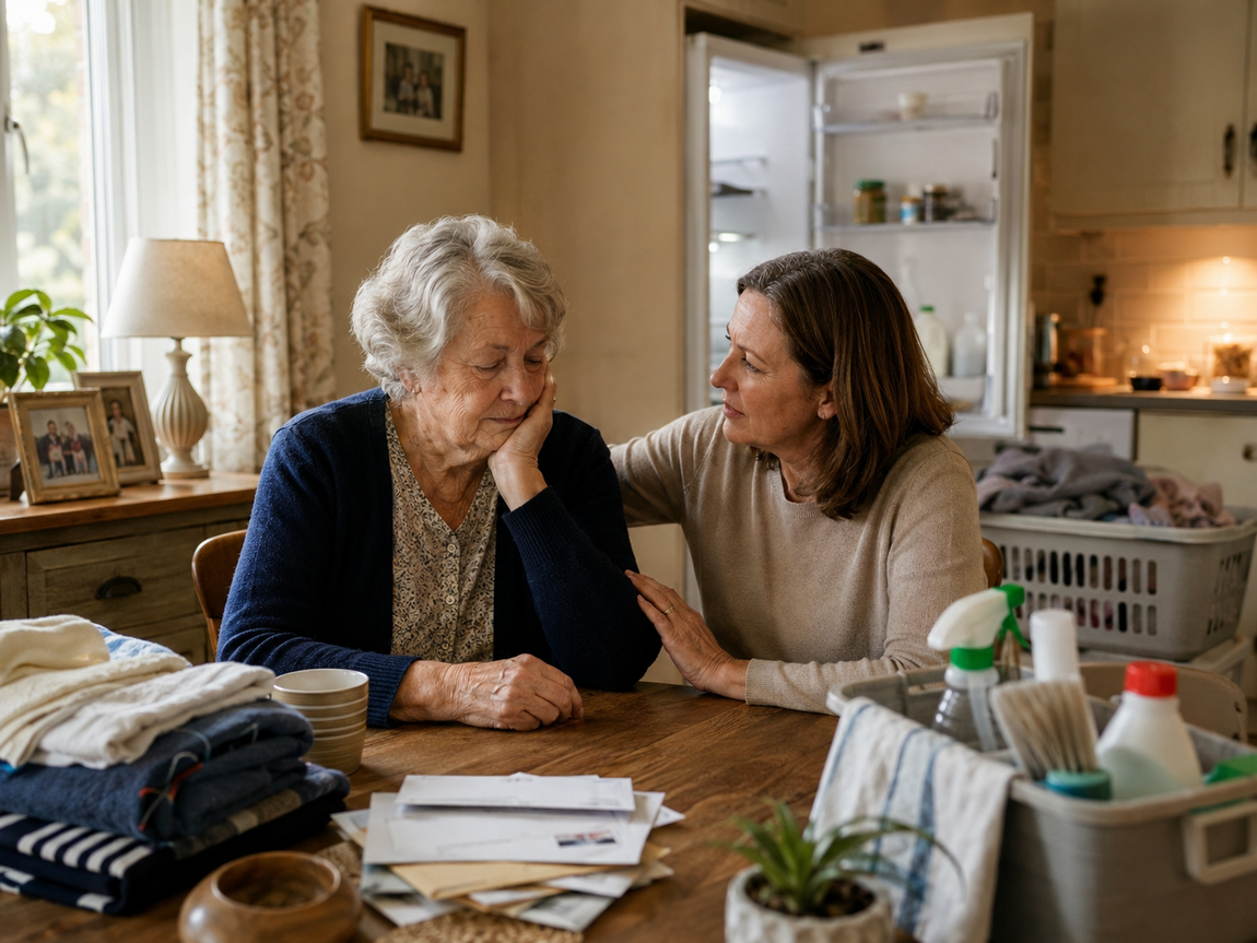 An older woman looking worried at a kitchen table while a family member offers reassurance, with laundry, unopened post, cleaning supplies and an open fridge in the background showing early signs that extra support may be needed at home.