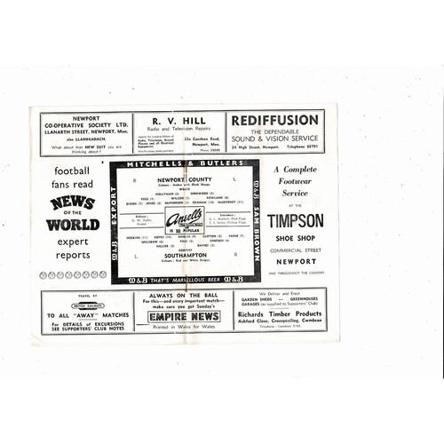 1958/59 Newport County v Southampton Football Programme