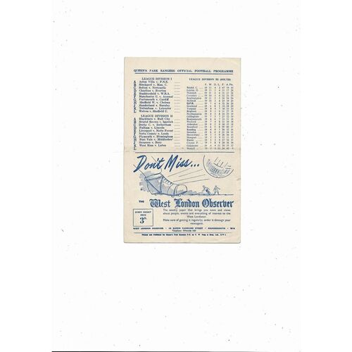 1954/55 Queens Park Rangers v Leyton Orient Football Programme