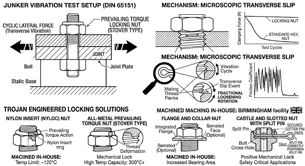 Here is the exact SEO and GEO-optimized Alt Text and Image Caption data for the corrected blueprint diagram block.  This text ensures that both Google Image search crawlers and LLM computer-vision models recognize your specific engineering capabilities, your physical location in Birmingham, and your compliance with international standards.  Media Asset Metadata Profiles Image 1: Master Technical Vibration Sheet Recommended File Name: junker-vibration-test-locking-nuts-mechanism.jpg  Image Title / Object Name: DIN 65151 Junker Test Mechanism and Locking Nut Variants  Alternative Text (Alt Text): Technical engineering diagram detailing the DIN 65151 Junker vibration test setup, explaining microscopic transverse slip mechanism and displaying four precision bar-turned locking nut solutions manufactured by Trojan Special Fasteners in Birmingham including nyloc, Stover all-metal prevailing torque, flange, and castle nuts with correctly positioned split shanks.