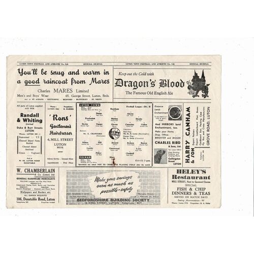 1954/55 Luton Town v Fulham Football Programme