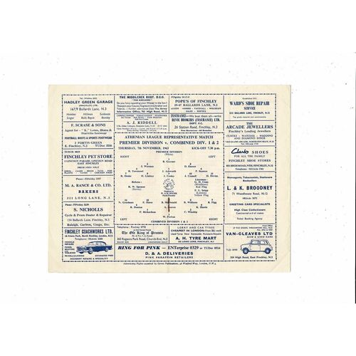 Athenian Premier Div v Combined Div 1 & 2 Friendly Football Programme 1963/64