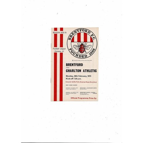 1972/73 Brentford v Charlton Athletic Football Programme
