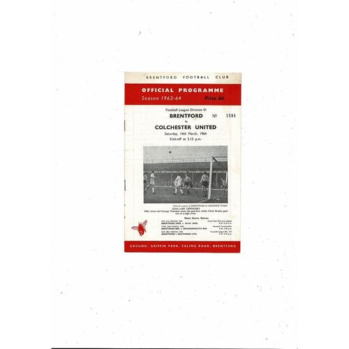1963/64 Brentford v Colchester United Football Programme
