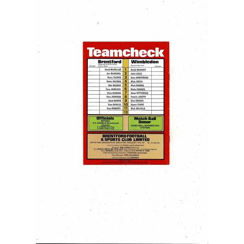 1981/82 Brentford v Wimbledon Football Programme