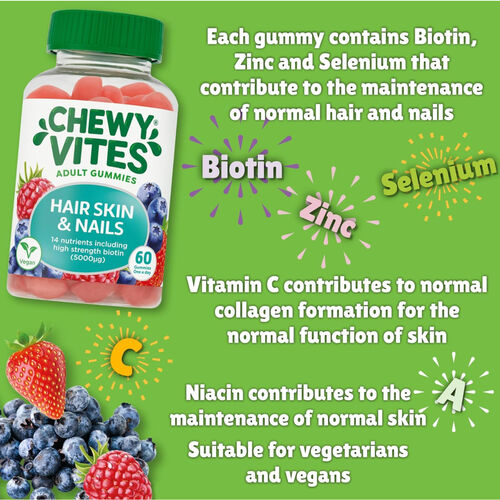 Chewy Vites Adult Hair Skin & Nails - High-Strength Biotin 5000mcg Blueberry & Raspberry Flavour - 60 Gummies