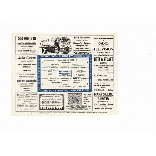 1957/58 Carlisle United v Hartlepool United Football Programme