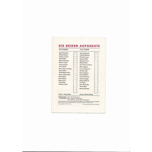 Dynamo Berlin v Saint Etienne European Cup Football Programme 1981/82