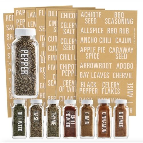 Talented Kitchen 134 Piece All Caps Spice Jar Sticker Set – White Labels on Clear Background