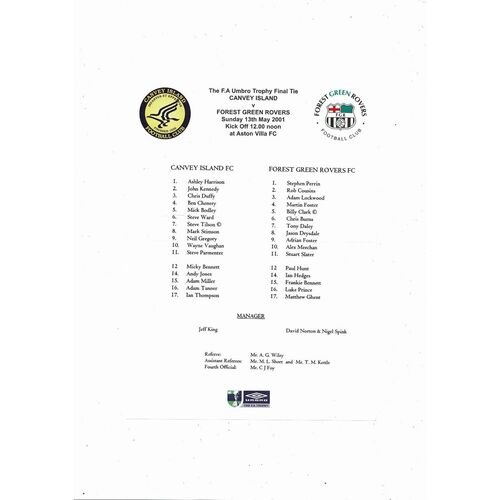 2001 Canvey Island v Forest Green Rovers FA Trophy Final Programme & Team Sheet @ Aston Villa
