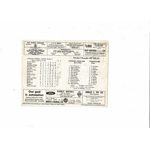 1967/68 Aylesbury United v Edmonton Athenian League Reserves Football Programme