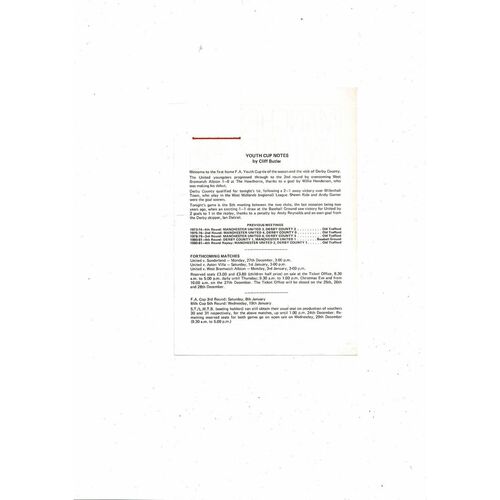 Manchester United v Derby County FA Youth Cup Football Programme 1982/83