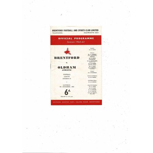 1962/63 Brentford v Oldham Athletic Football Programme