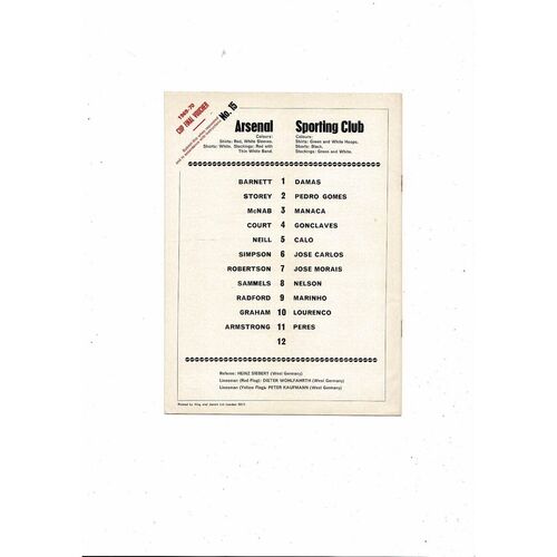Arsenal v Sporting Club Fairs Cup Football Programme 1969/70