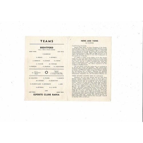 Brentford v Esporte Clube Bahia Friendly Football Programme 1956/57