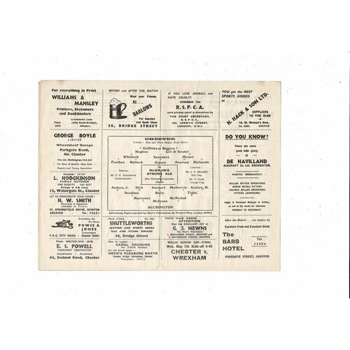 1957/58 Chester v Accrington Stanley Football Programme. April