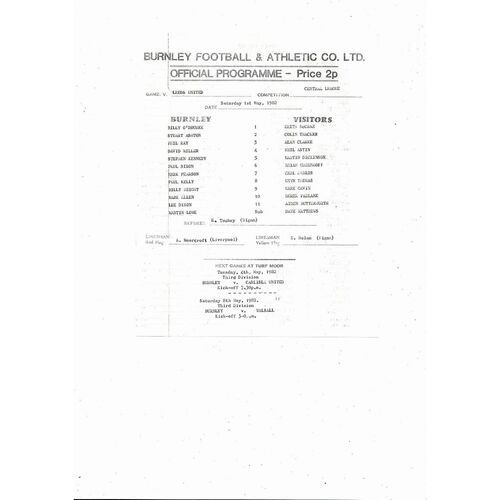 Burnley v Leeds United Central League Football Programme 1981/82