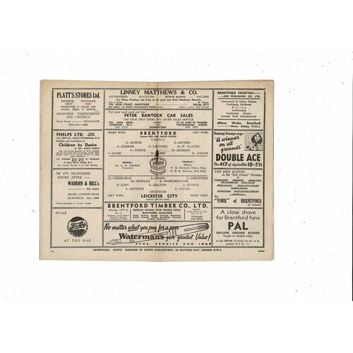 1951/52 Brentford v Leicester City Football Programme