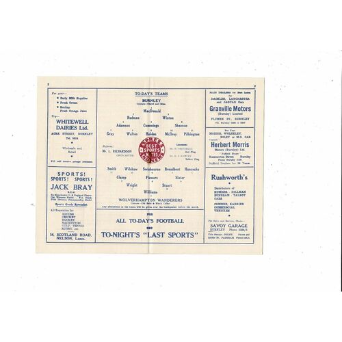 1954/55 Burnley v Wolverhampton Wanderers Football Programme