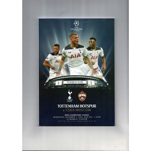 Tottenham Hotspur v CSKA Moscow Champions League Football Programme 2016/17