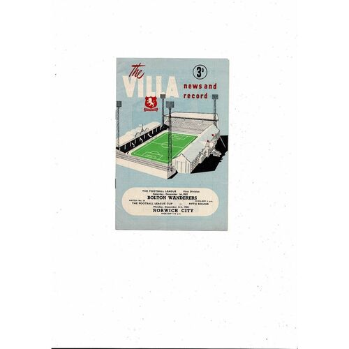 1962/63 Aston Villa v Bolton & Norwich City League Cup Double Football Programme