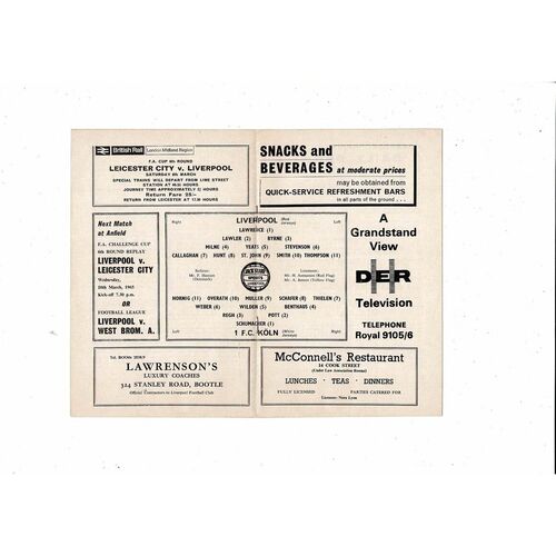 Liverpool v Koln European Cup Football Programme 3rd March 1964/65 Postponed
