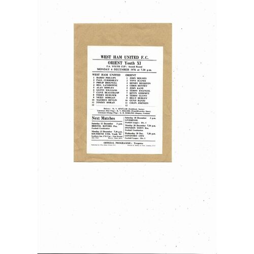 West Ham United v Orient FA Youth Cup Football Programme 1976/77