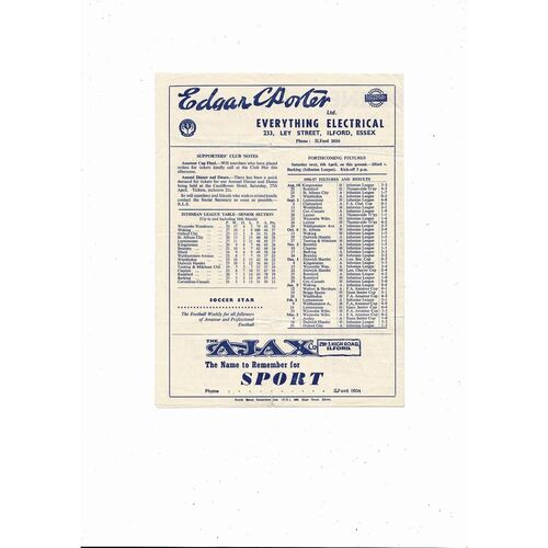 1956/57 Ilford v Oxford City Football Programme