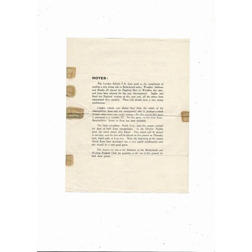 Kent v London X1 Schools Friendly Programme @ Bexleyheath & Welling 1956/57