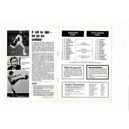 1973 Rangers v Ayr United Sottish Cup Semi Final Football Programme