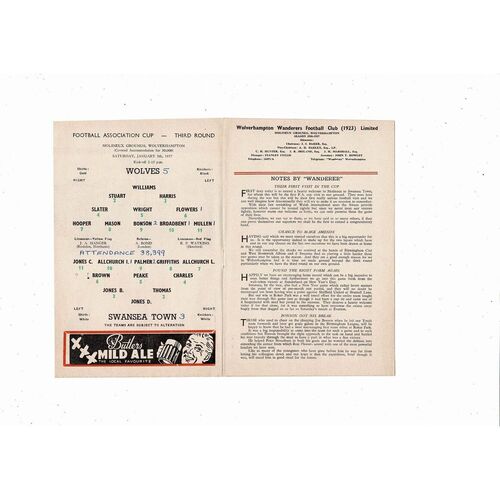 1956/57 Wolves v Swansea FA Cup Football Programme