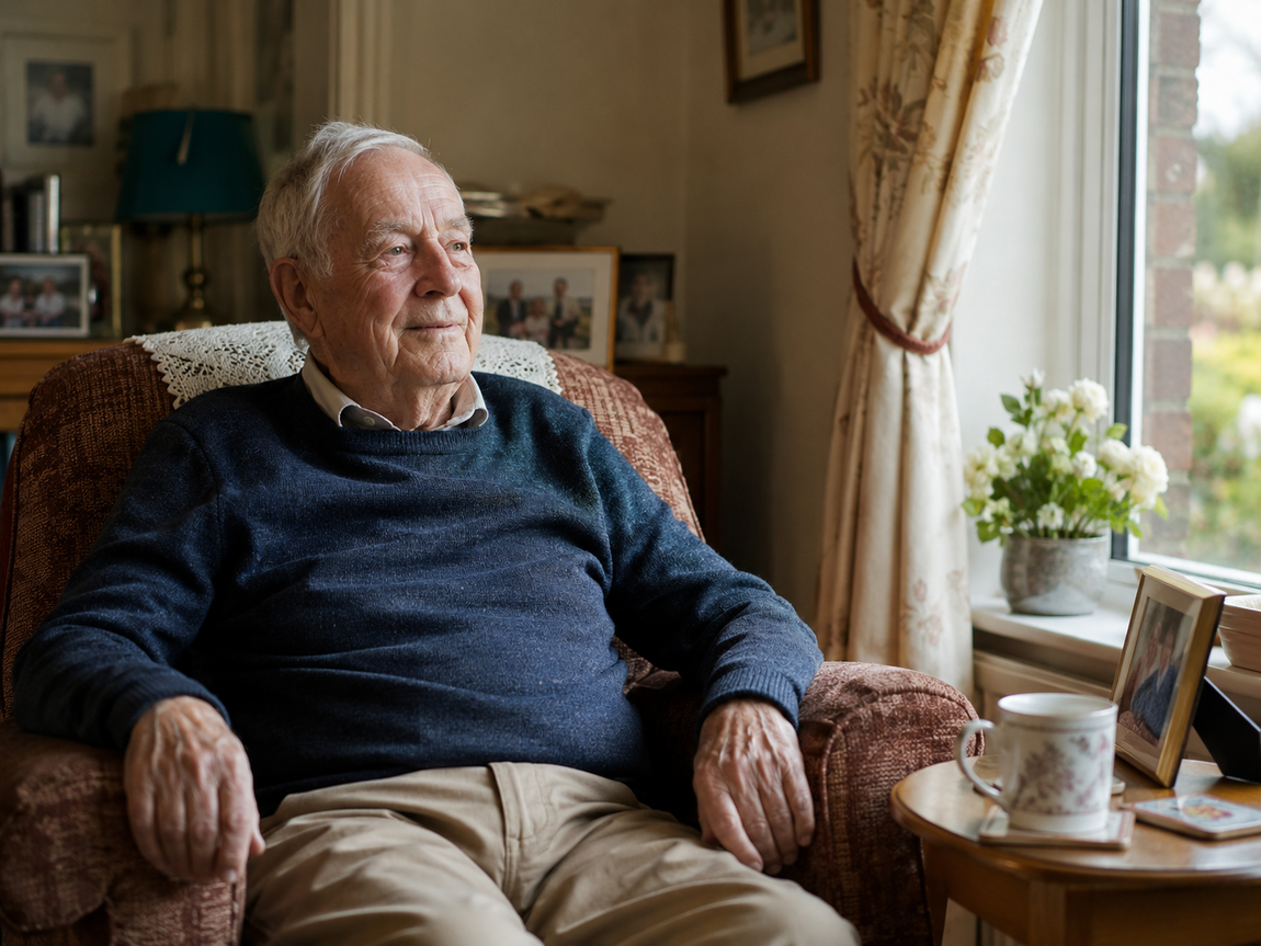 Older man sitting comfortably in an armchair by the window in a warm, homely living room, surrounded by family photos and a cup of tea.