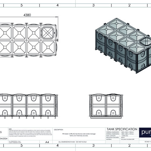 PW.4X2X1.5.IFB.AG - 12000  LITRE SECTIONAL WATER TANK, INTERNALLY FLANGED BASE (IFB)