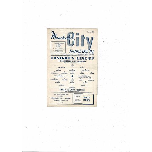 Manchester City v Derby County Central League Football Programme 1957/58