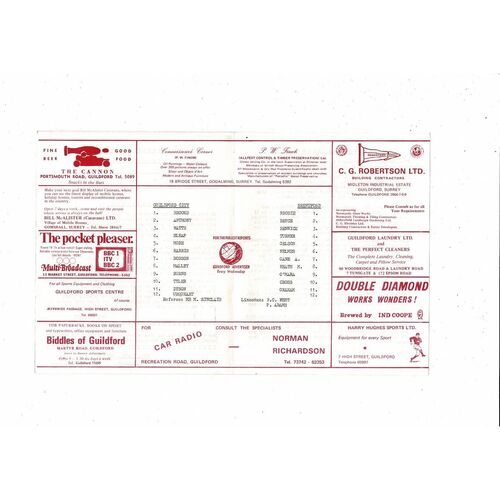 Guildford City v Brentford Friendly Football Programme 1970/71