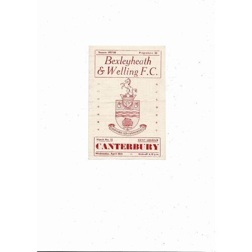 1957/58 Bexleyheath & Welling v Canterbury Kent League Football Programme