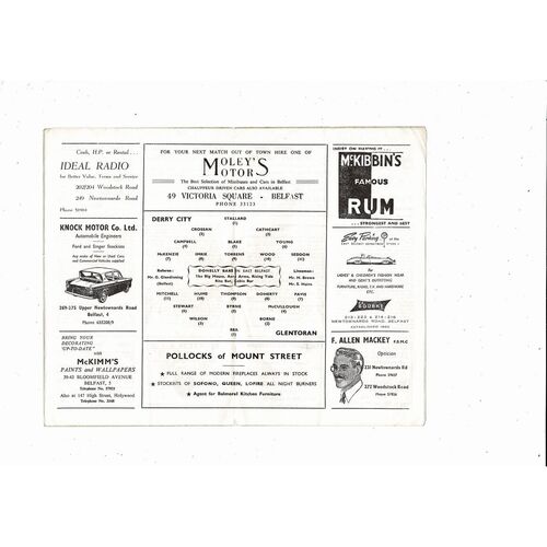 1962/63 Glentoran v Derry City Football Programme