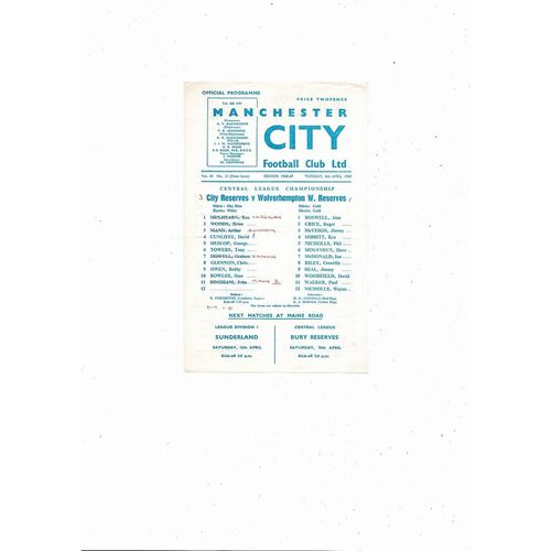 Manchester City v Wolves Central League Football Programme 1968/69